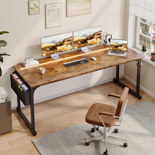 Image of DurayLoly 71 inchComputer Desk with LED Lights, Large Office Desk for 3 monitors or 2 laptops,Long Desk with Storage Bag&Headphone Hook for Study Writing Work Gaming Desk,Sturdy Metal Frame,Bedroom,Brown