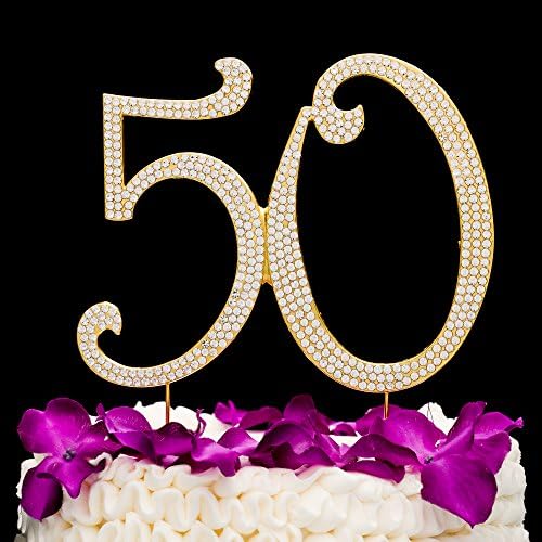 50 Cake Topper for 50th Birthday or Anniversary - Rhinestone Metal Party Decoration (Gold)