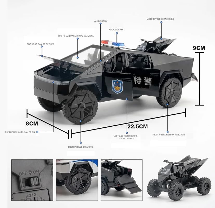 Image of Model 1:24 Police Tesla Truck Model Alloy Metal Pull Back Die-cast Car Openable Doors with Sound and Light Vehicle Car Toy for Kids - Multicolor