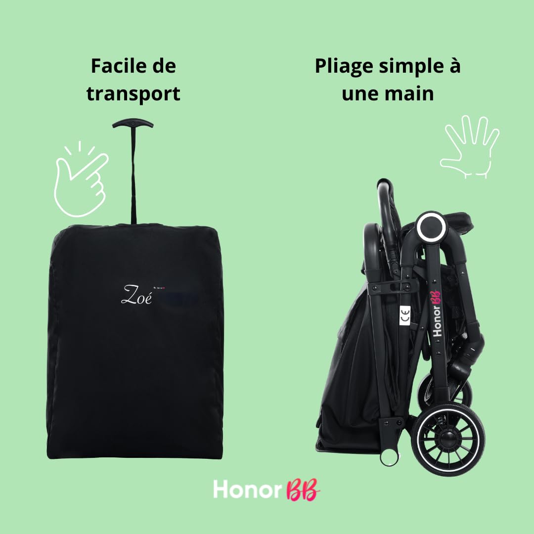 HonorBB ZOA Poussette Canne Bébé Légère et Compacte, 0-3 Ans, 0-15 kg, 3 Positions Inclinables, Pliage Automatique, Bandoulière, Moustiquaire et Protection Pluie Offerts – Essential Black