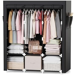 Mavivegue Portable Closet, Wardrobe Closet Organizer with Cover, 3 Hanging Rods and Shelves,Large Capacity for Bedroom, Living Room, Black
