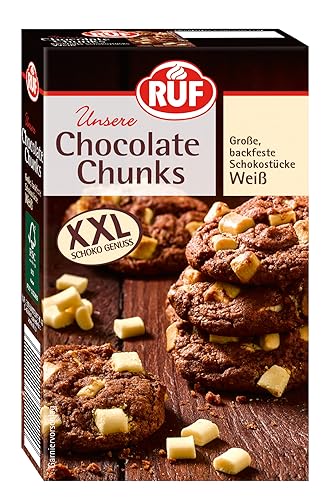 RUF Chocolate Chunks Weiß, backfeste Schokoladen-Tropfen, XXL Schoko-Drops zum Backen, Schoko-Stücke für Muffins & Brownies, glutenfrei, 1 x 100g