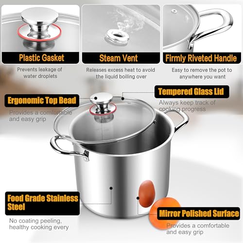 Joyfair Large Stock Pot, 10L Tri-Ply Stainless Steel Stockpot with Glass Lid, Induction/Gas/Ceramic/Electric/Halogen Safe Soup Pot for Simmering Stewing, Heavy-Duty & Riveted Handles & Easy Clean - Image 5
