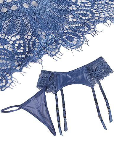 Blue Sexy Lace Lingerie Garter Belt With Mesh Underwear G-Stringthong Pantie Set For Thigh High Stockings 1X-2X #TOP4