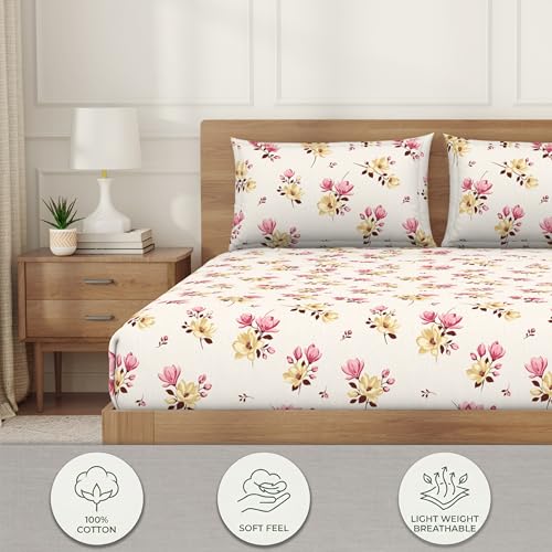 Image of Welspun Enzo 100% Cotton 144 TC Percale Floral King Fitted Sheet with 2 Pillow Covers | Easy Care, Breathable, Soft & Lightweight - 183 x 198 + 30 Cm - Beige