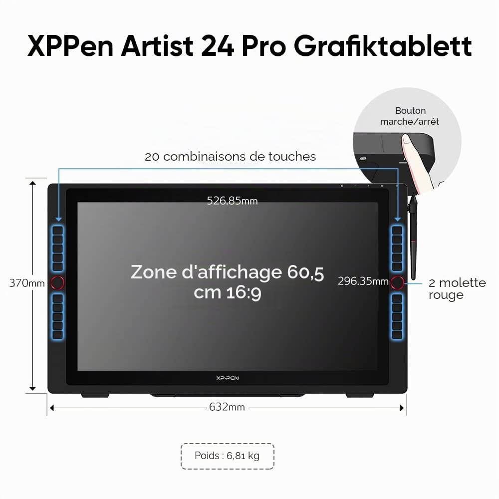 XP-Pen Artist 24 Pro Tablette Graphqiue à Ecran 2K QHD en 23.8 Pouces Stylet Passif 8192 Niveaux Connection USB-C - Compatible avec Windows/Mac/Android