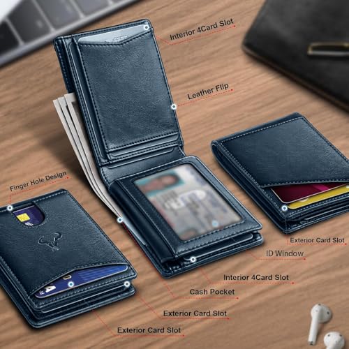 Image of Contacts Slim RFID Blocking Leather Wallet for Men - Minimalist Bifold Card Holder with 11 Slots, ID Window & Cash Pocket - Front Pocket Wallet Gift for Daily Use & Travel (Blue)
