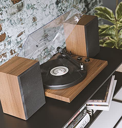 Image of Crosley C62C-WA Record Player with Speakers, Walnut | 2-Speed Turntable, ATN3600L Audio-Technica Cartridge, Standard 1 /2 inch Mount, Bluetooth In, Matching External Speakers