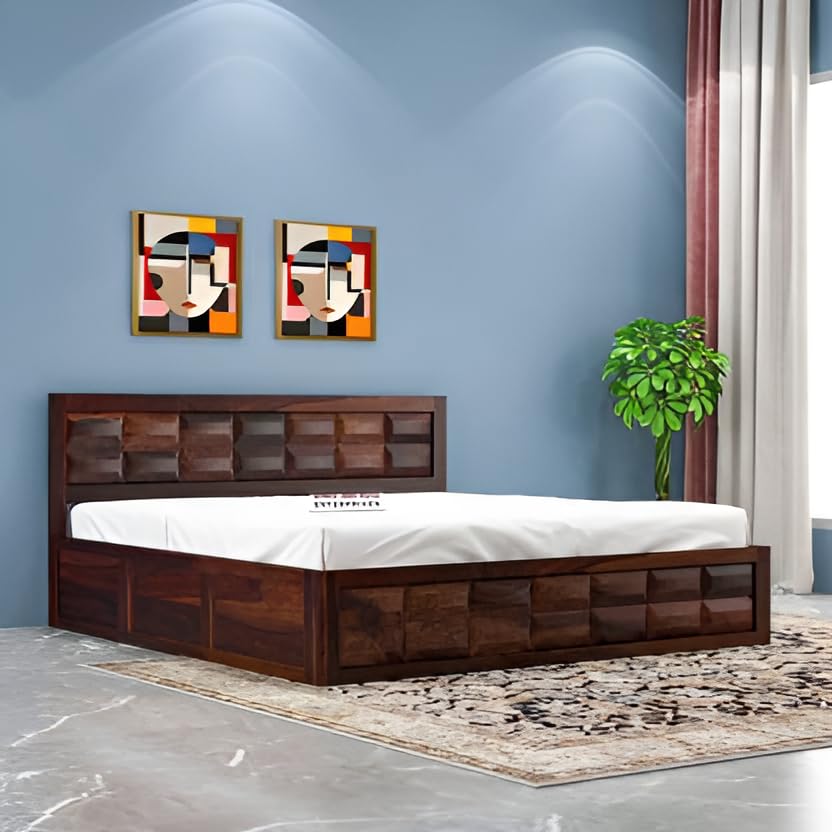 jeenwood sheesham wooden queen size bed with box storage - wooden queen size cot bed with storage | solid wood palang double bed for bedroom living room furniture (walnut finish)