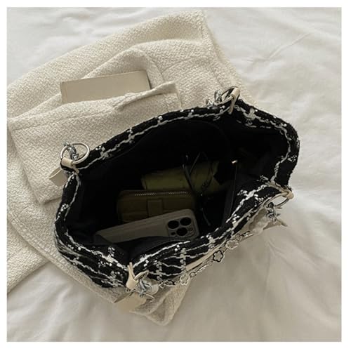 Checkered Crossbody Bag Knitted Plaid Tweed Tote Bag Elegant Checkered Shoulder Purse with Pearl Charm Vintage Woven Handbag3