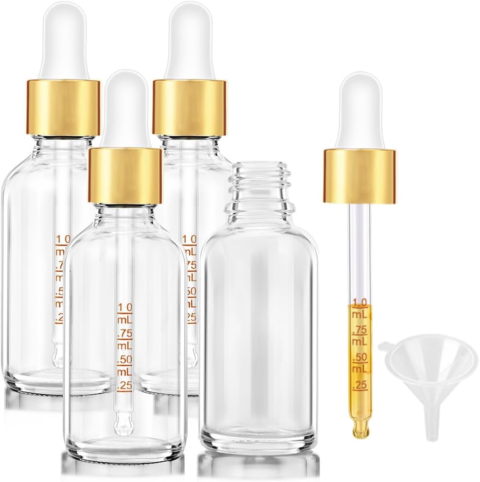Bumobum 4 Pack Dropper Bottle 2 oz, 60 ml Clear Glass Eye Dropper Bottles with Golden Lid for Essential Oils with Labels and Funnel, Tincture Bottle with Measured Dropper
