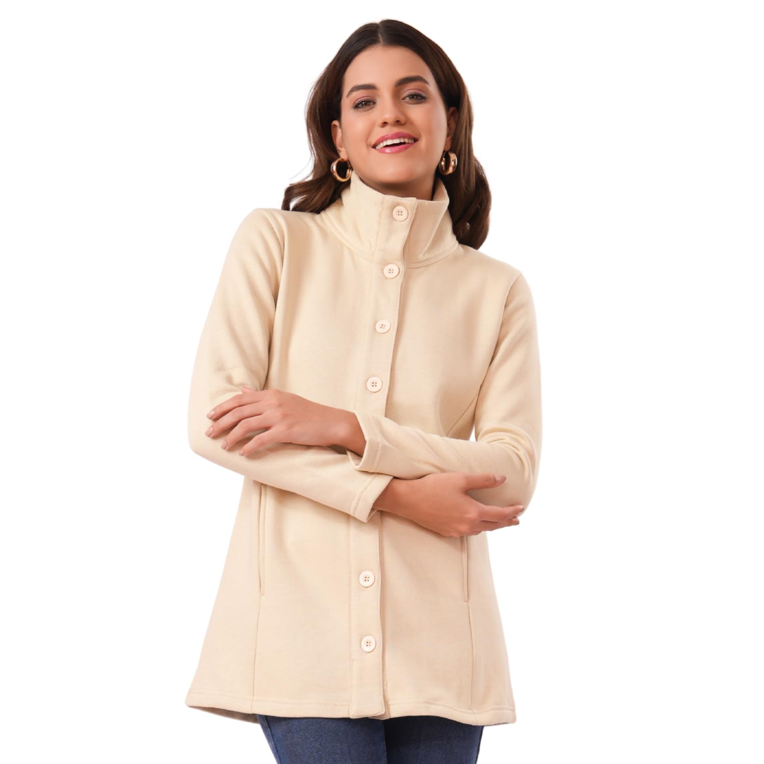 bonjour Women’s Buttoned Winter Long Jacket with High Neck Collar Stylish Warm Coat for Cold Weather-picture-55