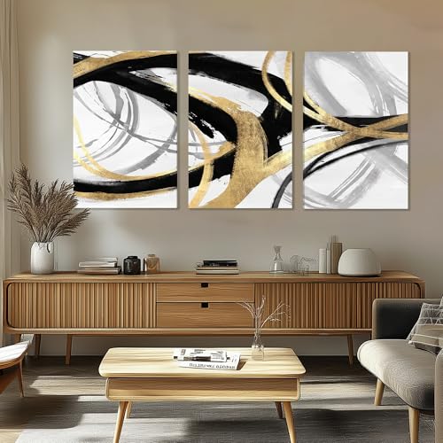 Image of DUWQU Triptych Black Gold White abstract Lines Canvas Wall Art 16x24 in x3