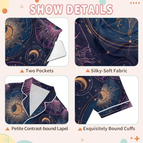 senya Dreamy Moon Constellations Satin Summer Pajama Sets Silk Short Sleeve Button Down Sleepwear3
