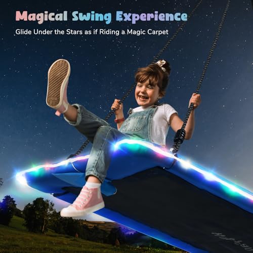 Hapfan 60 inch Platform Tree Swing with LED Light, Large Outdoor Swing for Kids and Adults, Waterproof 900D Oxford Fabric, 9.8 FT Hanging Straps