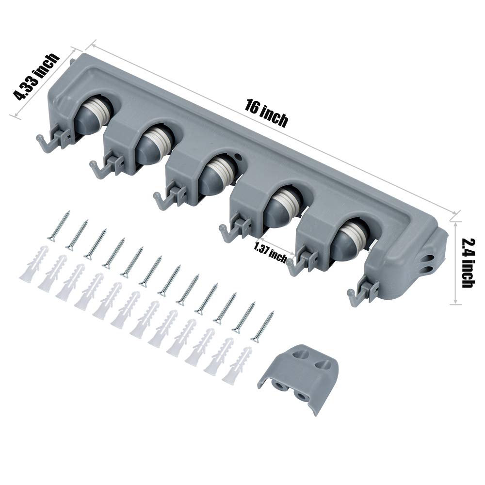 Paquete de 2 soportes para escobas de 16 pulgadas, organizador de almacenamiento de garaje con 5 estantes, 6 ganchos, herramienta de almacenamiento ajustable para montaje en la pared para Lanudry Garaje Cocina Jardín 4