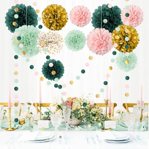 Image of AOBKIAT Wedding Birthday Party Decorations Set,15PCS | Sage Green Pink Tissue Paper PomPoms,Garland String Hanging Backdrop for Baby Shower, Boho Bridal Wedding Theme Decor