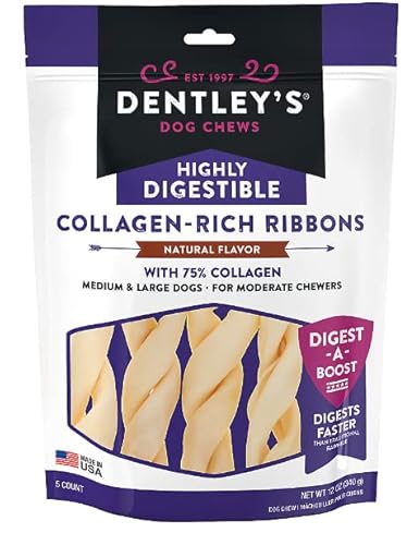 Dently Dog Chews Highly Digestible Rich Ribbons Natural Flavor for Medium & Large Dogs 1-Bag 5-Individual Chews/Plus 1-Dog Waste Bags