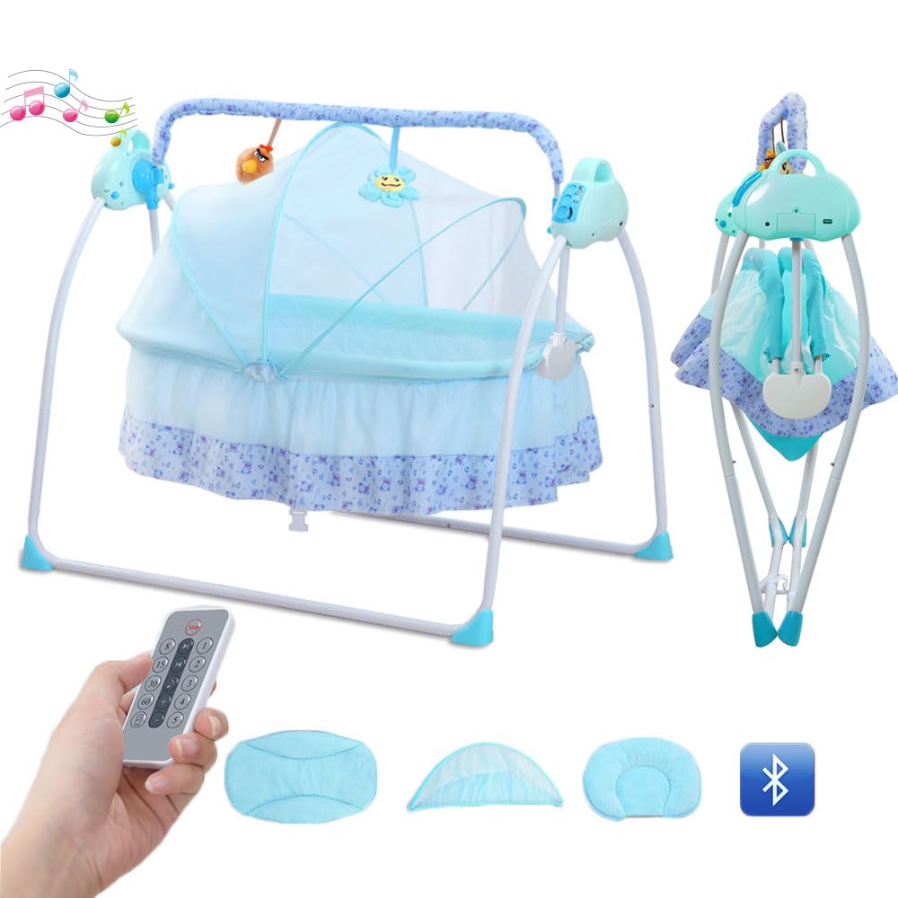 Baby Cradle, Electric Infant Swing Bed with Safety Belt/Bluetooth Music Player,Kids Rocking Crib Bedside Hammock with Mosquito Net,Mattress,Pillow for 0-2 Years Toddlers,Foldable Newborn Bassinet (B)