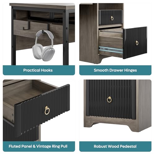 Image of Bestier 55Inch Modern Fluted Desk with Drawers & Keyboard Tray, Grey | 55 X 22 In Work Surface, File Drawer, Reversible Pedestal, Fluted Panels And Keyboard Tray For Home Office Storage.