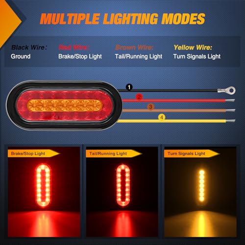 Image of Nilight 6 Inch Oval Trailer Tail Light 2 PCS Red Brake Stop Amber Left Right Turn Signals Lights with Flush Mount Grommets Plugs Mounting Brackets for RV Truck Luggage Rack