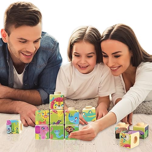 Image of ArtCreativity Silicone Picture Puzzle Blocks for Kids, 12 Stacking Baby Blocks with Four Different Pictures Printed on The Sides, 2 inch Soft Toy Building Blocks for Toddlers