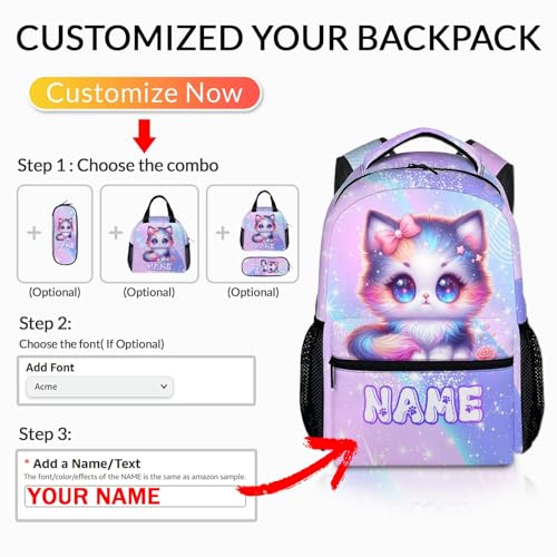 School Cat Backpack for Girls, Custom Bookbag for Kids Kindergarten Elementary Primary Middle College, 17 Inch Large Capacity Personalized Cat Backpacks Gift3