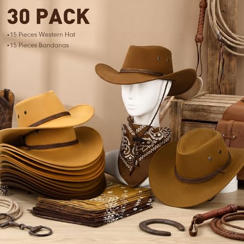 Image of Coume 15 Set Western Cowboy Hat Costume Accessories Paisley Bandanna Cowgirl Hats Bulk for Adult Women Men Dress Party