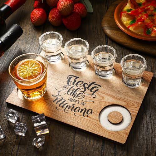Funnymoom Christmas Tequila Shot Board Tequila Gifts for Women Men Shot Glasses Holder Serving Tray with Salt Rim Wooden Bartender for Liquor Bar Housewarming Party Restaurant Family