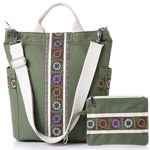 Worldlyda - Bolso bandolera para mujer, de lona, estilo retro, con bolsillos, estilo étnico, Verde militar.