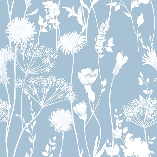 Muriva Catherine Lansfield Meadowsweet Floral Themed Flower Siluette Romantic Wallpaper for Living Room Bedroom Hallway Feature Wall- Blue/White 165583