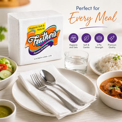 Image of Feather's Premium Naturally White 2Ply Tissue Paper (50 pulls Pack of 4, 33 X 33 cm) Luncheon Napkin Super Strong & More Absorbent Extra Soft Paper Tissue Napkin