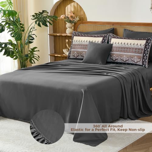 Image of Boho Comforter Set Full Size,8 Pieces Brown Black Striped Bedding Set