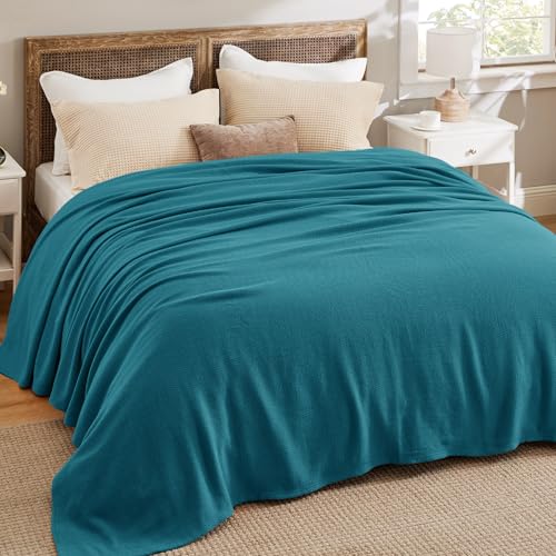 Image of Bedsure 100% Cotton Blanket, Herringbone Weave, King, Teal