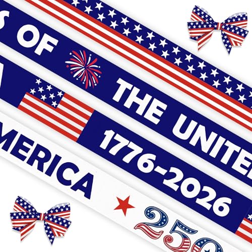 4 Pieces 250th Independence Anniversary Ribbons for Crafting, American Flag Grosgrain Ribbons for Gift Wrapping 1776-2026 Patriotic Decorations-5/8 ×5 Yards Each