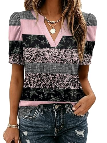 Image of Zeagoo Women Blouses Puff Short Sleeve Tops V Neck Dressy Casual Spring Shirts Boho Floral Cute Clothes 2026