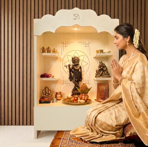 Image of Alpine Willow 3 Ft X 2 Ft Wooden Temple (DIY Assembly-Do it Yourself) I Mandir for Home I Pooja ghar I Corian Design devghar I Medium Size Temple for Home I Pooja Mandir Unit I Devghar with LED Light
