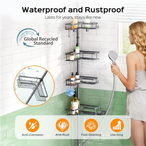 Image of HAMITOR Corner Shower Caddy, 4-Tier Shampoo Shelf Tension Pole, 47-123 inch | Rustproof Bathroom Storage with Soap Holder, No-Drill, Adjustable, Space-Saving Bathtub Organizer For Family, Renters Gray