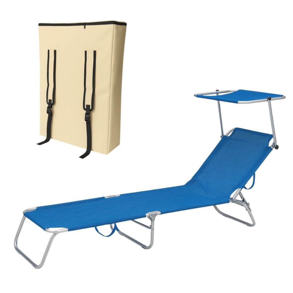 PALUPLUS Lettino Prendisole Pieghevole con Tetto Parasole con BORSA Portalettino, Misura 180x55x90 cm, Tessuto Textilene, Struttura Metallo Tubolare da 18mm, Peso Max 120kg -9301F (Blu)