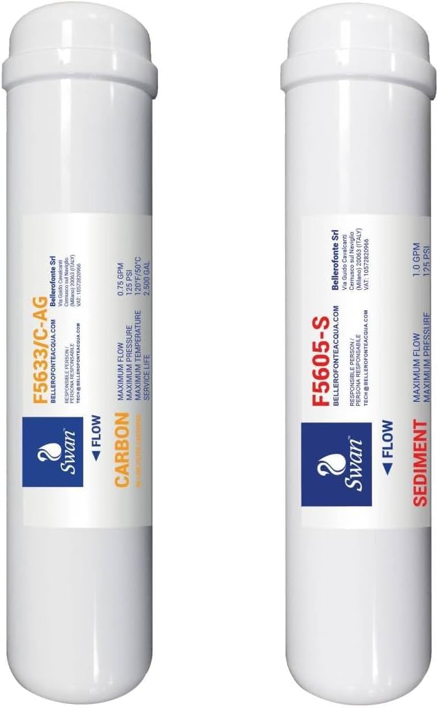 Swan Set di Filtri in Linea per Impianti ad Osmosi - Filtro a Sedimenti e Filtro Gac a Carbon i Attivi elimina cloro, torbidità e particolato, sabbia, sedimenti e ruggine - 12 Pollici - 1/4 Filetto