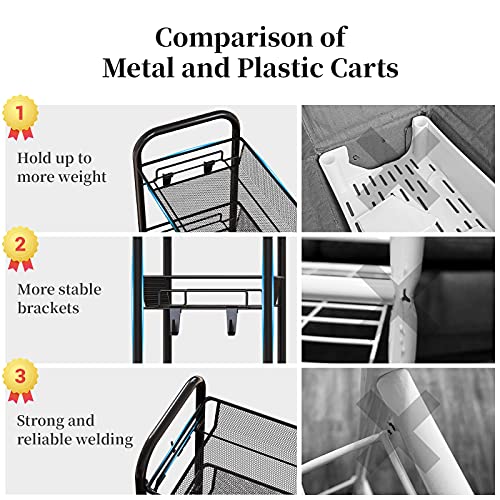 Greensen 4 Tier All-Metal Rolling Cart, Laundry Office Bathroom Storage Organizer Cart With Wheels, Easy-Carry And Assembly Mesh Trolley Cart With Practical Bucket And Hooks, Slide-Out Narrow Shelf #TOP2