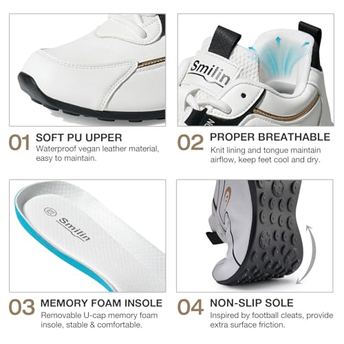 SMILIN Men's Casual Golf Shoes, Non-Slip Vegan Leather Walking Sneakers for Daily Comfort, White Street-Style Footwear for Work, Travel, or Light Sports3