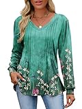 VUTRU Women’s Long Sleeve Tunic Tops V Neck Casual Blouses for Holiday Casual and Leggings, Floral Teal L