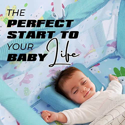 Image of Funbaby New Born Baby Swing Cradle Crib Jhula with Mattress Pillow Adjustable Height and Mosquito Net Bassinet & Wheels (Elephant Blue)
