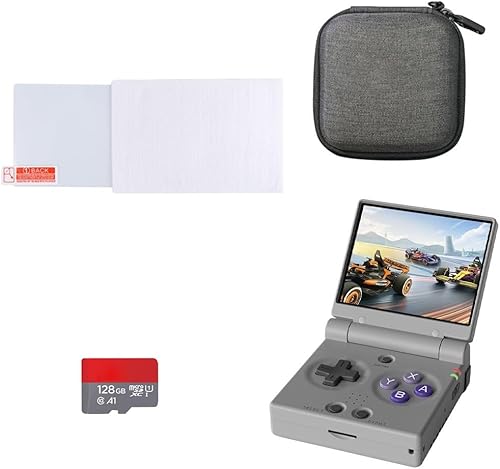 Miy Mini Flip - Consola de juegos de mano retro con pantalla IPS de 2.8 pulgadas + tarjeta SD Flip Onion de 128G + protector de pantalla de vidrio