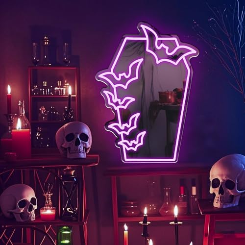Image of Coffin Bat Neon Mirror, Gothic LED Coffin Sign, Spooky Bat Neon Light Sign, Gothic Room Wall Art, Makeup Mirror, Halloween Neon Sign 20″x14.6″