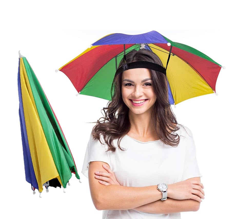 PrimeAdjustable Elastic Rainbow Colorful Hands Free Hat Umbrella for Fits Size All Ages Kids Men & Women Pack Of 1 (Random Color)