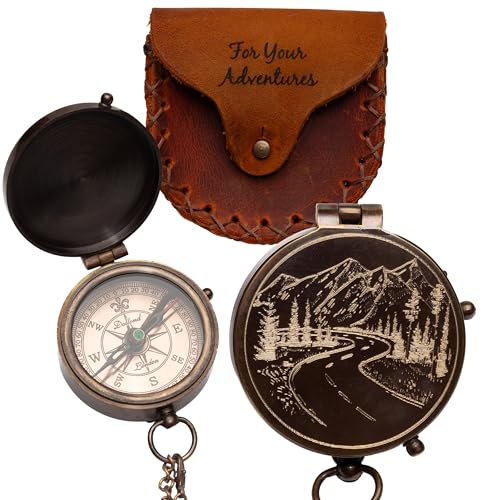 Antique Brass Compass with Leather Case – Mountains & Roads Engraved Pocket Compass for Men – Genuine Leather Pouch Stamped with ‘For Your Adventures’ – Vintage Gift for Husband, Father & Son