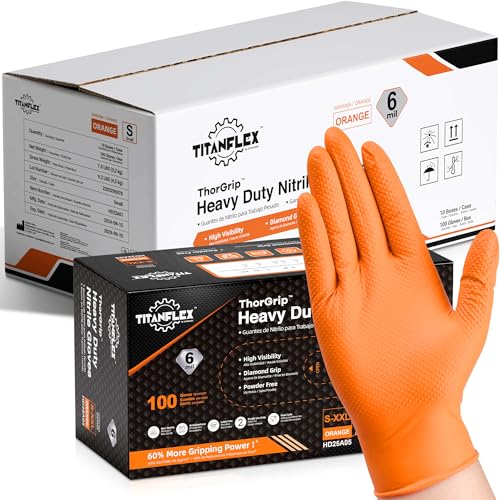 Image of TitanFlex Heavy Duty Orange Nitrile Gloves, 6 Mil, Raised Diamond Texture, Mechanic Disposable Gloves, Latex Free Powder Free
