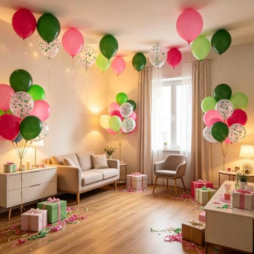 Image of Hot Pink Green and Pink 12inch Balloons with Confetti Balloons for Wedding, Birthday, Baby Shower, Christmas, Family Parties Decoration(50Pcs)